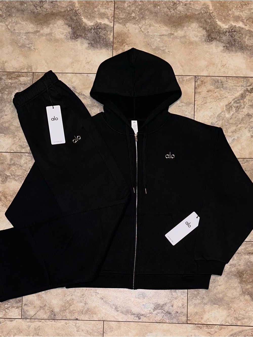Alo Yoga Accolade Full Zip Hoodie & Sweatpants Set Black Sweatsuit Medium